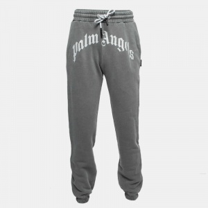 Palm Angels Grey Curved Logo Print Cotton Sweatpants S