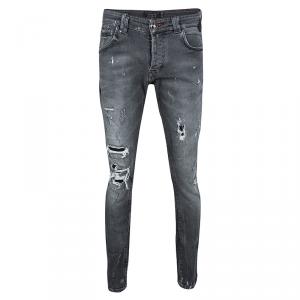 Pre Owned Philipp Plein Illegal Fight Club Smoke Grey Distressed Denim Super Straight Cut Jeans L