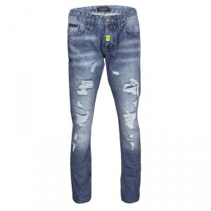 Pre Owned Philipp Plein West Hollywood Washed Blue Straight Fit Distressed Denim Jeans L