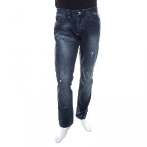 Pre Owned Philipp Plein Illegal Fight Club Indigo Crystal Skull Embellished Distressed Straight Cut Jeans L