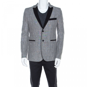 مملوكة مسبقًا Philipp Plein Grey Plaid Linen and Wool Skull Motif Blazer M 