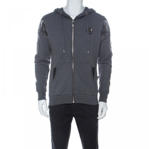 مملوكة مسبقًا Phillipp Plein Grey Skull & Wing Print Cotton Crystal Embellished Front Zip Hoodie M