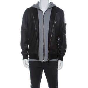 مملوكة مسبقًا Philipp Plein Black & Grey Leather & Jersey Hooded Jacket XL