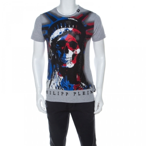 مملوكة مسبقًا Philipp Plein Grey Cotton Crystal Embellished Liberty Skull T-Shirt M
