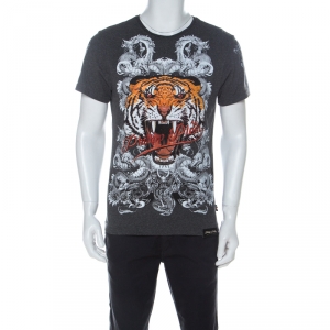 مملوكة مسبقًا Phillip Plein Charcoal Grey Jersey Crystal Embellished Philipp Tiger T-Shirt S