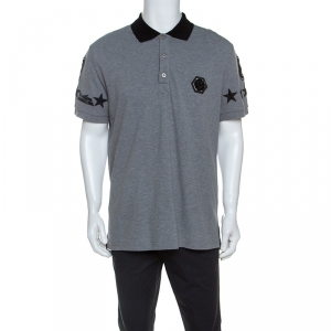 Pre Owned Philipp Plein Grey Cotton Embellished Detail Unstoppable Polo T-Shirt 3XL
