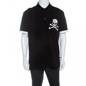 Pre Owned Philipp Plein Black Crystal Detail Face Swap Polo T-Shirt 3XL