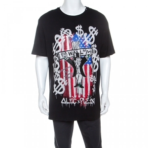 Pre Owned Philipp Plein Black Cotton Printed Crystal Detail T-Shirt 4XL