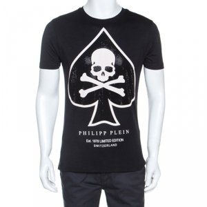 Pre Owned Philipp Plein Black Skull Print Cotton Crystal Embellished T-Shirt L