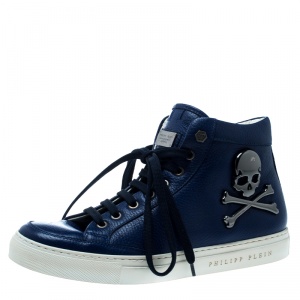 Philipp Plein Blue Leather Skull High Top Sneakers Size 40