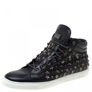 Philipp Plein Black Leather Star And Spike Studded High Top Sneakers Size 43