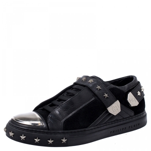 Philipp Plein Black Leather And Suede Star Studded Metal Cap Toe Low Top Sneakers Size 40