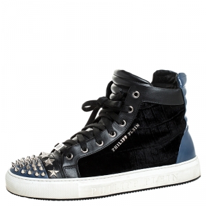 Philipp Plein Black/Blue Leather And Velvet Star And Spike Studded High Top Sneakers Size 42