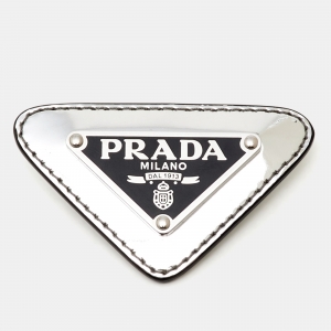 Pre Owned Prada Silver Patent Leather Triangle Logo Brooch