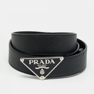 Pre Owned Prada Triangle 90 CM Buckle Belt Black Saffiano Leather