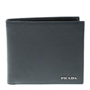 Prada Dark Blue Saffiano Bicolo Leather Bifold Wallet
