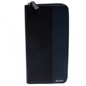 Prada Black/Blue Saffiano Leather Zip Around Organizer