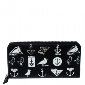 Prada Black/White  Seagull Print Saffiano Leather Zip Around Wallet