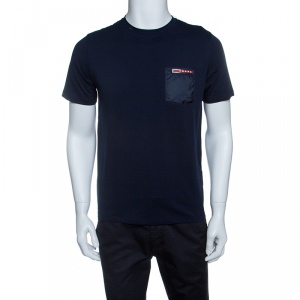 Prada Navy Blue Contrast Pocket and Shoulder Patch Detail Cotton T-Shirt M