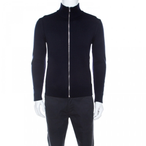 Prada Navy Blue Ribbed Wool Zip Front Jacket S