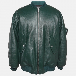 Prada Green Metal Triangle Leather Bomber Jacket XS