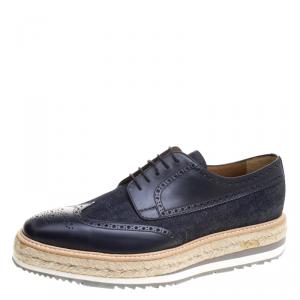 Prada Blue Denim And Brogue Wingtip Leather Espadrille Derby Size 44
