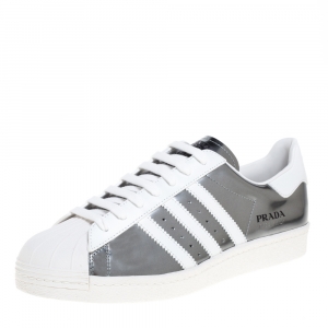 Prada x Adidas Silver/White Leather Superstar Low Top Sneakers Size 44 2/3