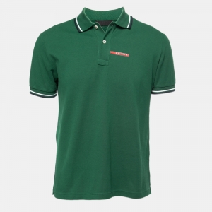 Prada Sport Green Honeycomb Knit Striped Trim Detail Polo T-Shirt M