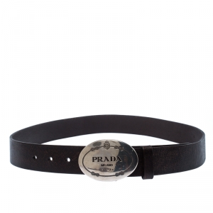 Prada Dark Brown Leather Logo Plague Belt 90CM
