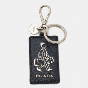 Prada Black Leather Bellboy Logo Keychain 