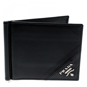 Prada Black Saffiano Leather Money Clip Bi-fold Wallet