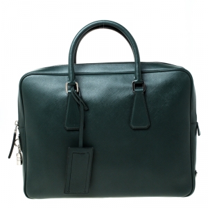 Prada Dark Green Leather Classic Laptop Bag