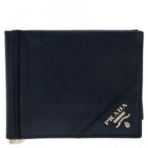 Prada Navy Blue Leather Money Clip Wallet