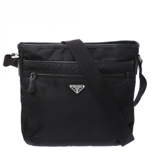 Prada Black Nylon and Leather Zip Messenger Bag