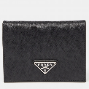 Prada Black Saffiano Leather Logo Flap Card Case