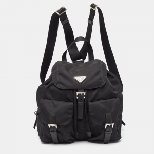 Prada Black Nylon Double Pocket Drawstring Backpack