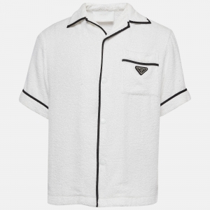 Prada White Terry Cotton Logo Detail Bowling Shirt XS