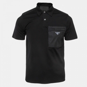 Prada Black Stretch Cotton Re-Nylon Detail Pocket Polo T-Shirt S