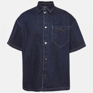Prada Indigo Blue Denim Logo Plaque Detail Bowling Shirt XL