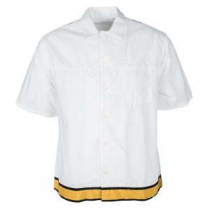 Prada White Cotton Contrast Striped Bottom Short Sleeve Button Front Shirt L