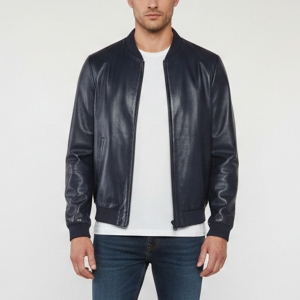 مملوكة مسبقًا Prada Navy Blue Leather Reversible Zip Up Bomber Jacket L