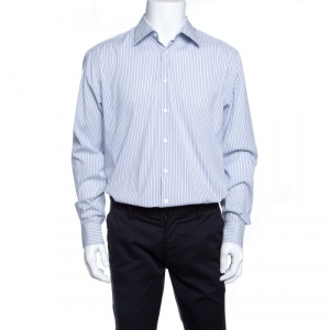 Prada White and Blue Striped Button Front Long Sleeve Shirt XL
