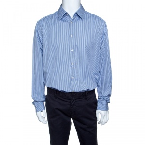 Prada Blue Striped Cotton Long Sleeve Button Front Shirt 3XL