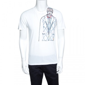 Prada White Man Sketch Print V-Neck Short Sleeve T-Shirt M