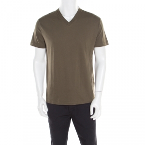 Prada Khaki Green Melange Cotton V Neck Short Sleeve T-Shirt M