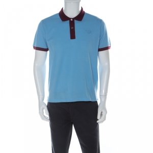 Prada Blue and Burgundy Cotton Piqué Logo Patch Polo T Shirt L 