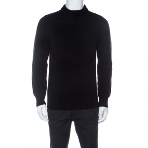 Prada Black Cashmere Wool Knit Tonal Embroidered Logo Jumper M