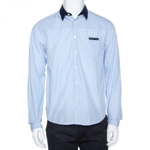 Prada Blue & White Striped Cotton Contrast Trim Long Sleeve Shirt M