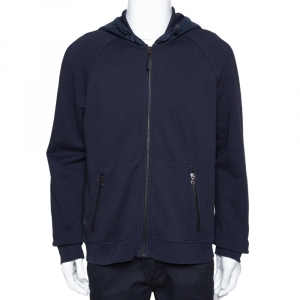 Prada Navy Blue Cotton Zip Front Hooded Sweatshirt L
