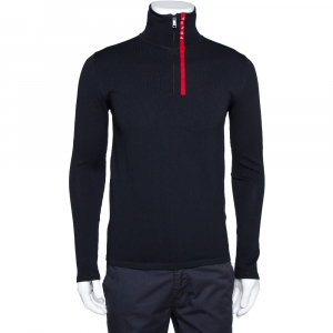 Prada Black Rib Knit Linea Rossa Logo Turtle Neck Sweater M